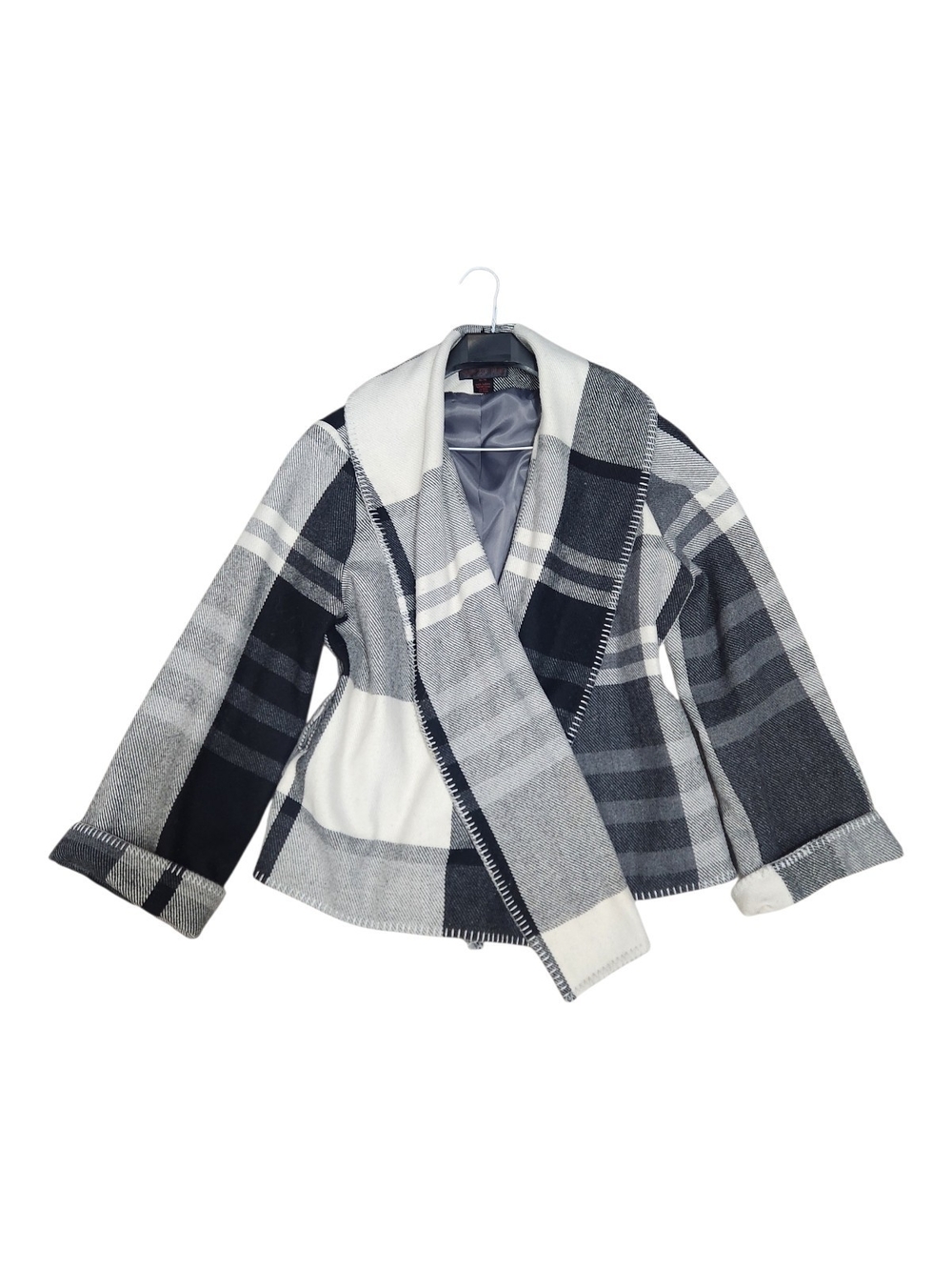 Alison Sheri Wool-Blend Plaid Open Front Cardigan Jacket - Gray/Black